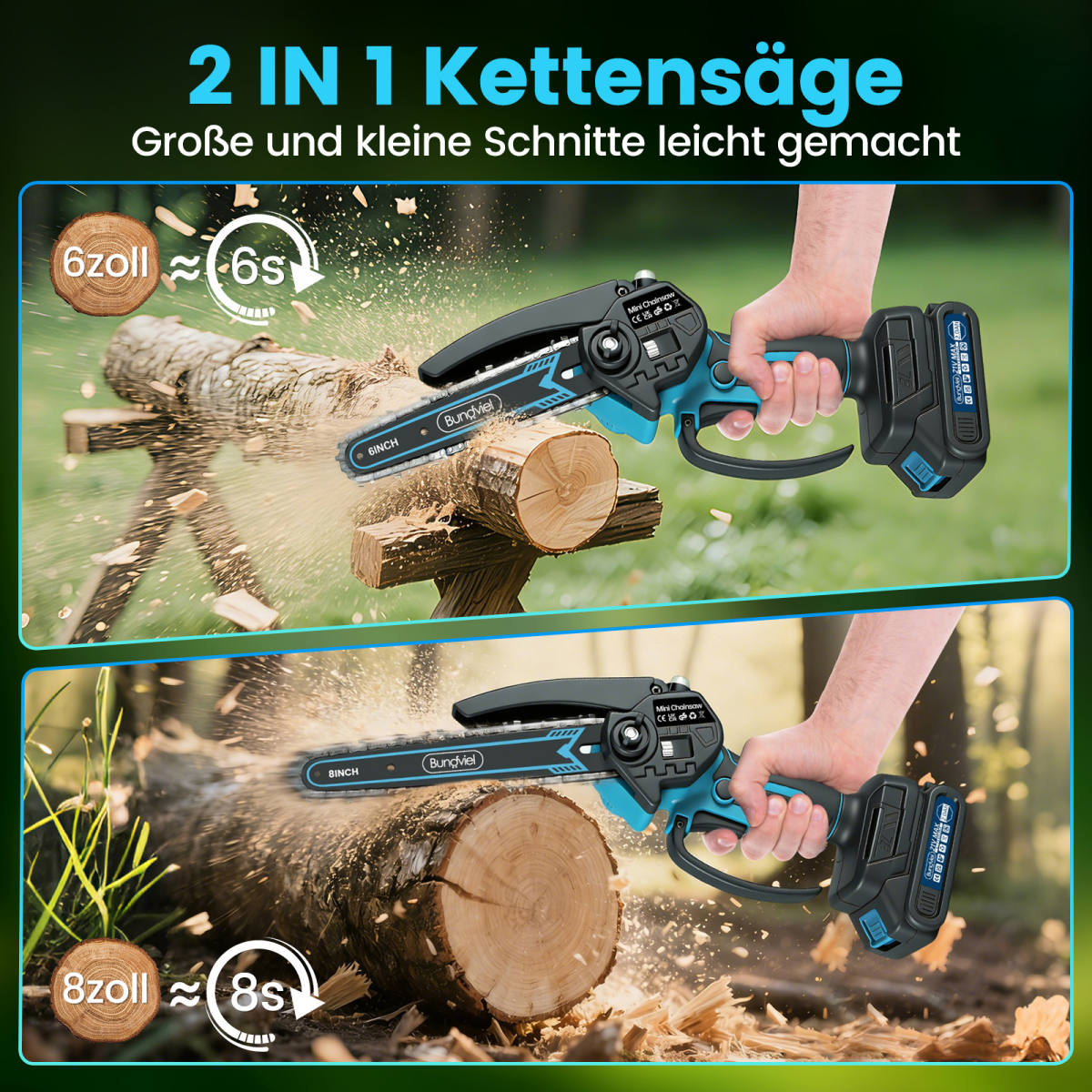 Zwei Bilder zeigen eine Akku-Kettensäge beim Schneiden von Holz. Oben 6 Zoll in 6s, unten 8 Zoll in 8s.
