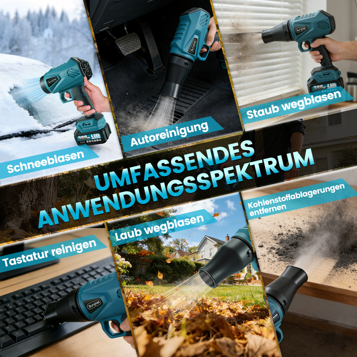 Blaues Gebläse zum Schneeblasen, Autoreinigung, Staubblasen, Tastaturreinigung, Laubblasen, Kohlenstoffentfernung.