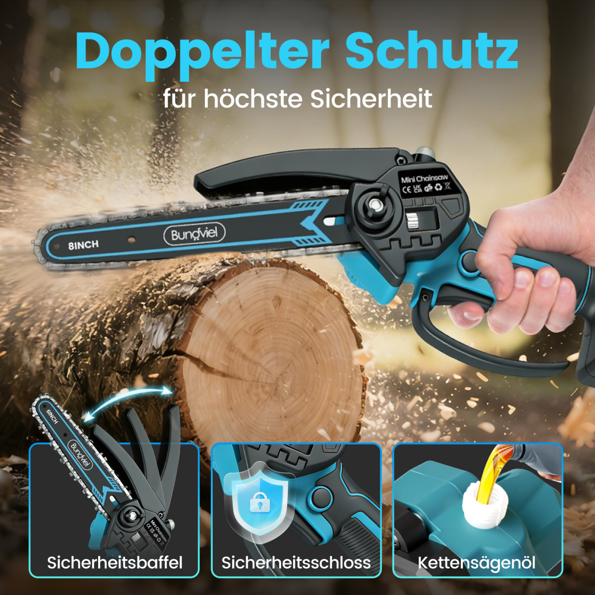 Eine Hand hält eine kleine Kettensäge, die Holz schneidet. Unten sind Details.