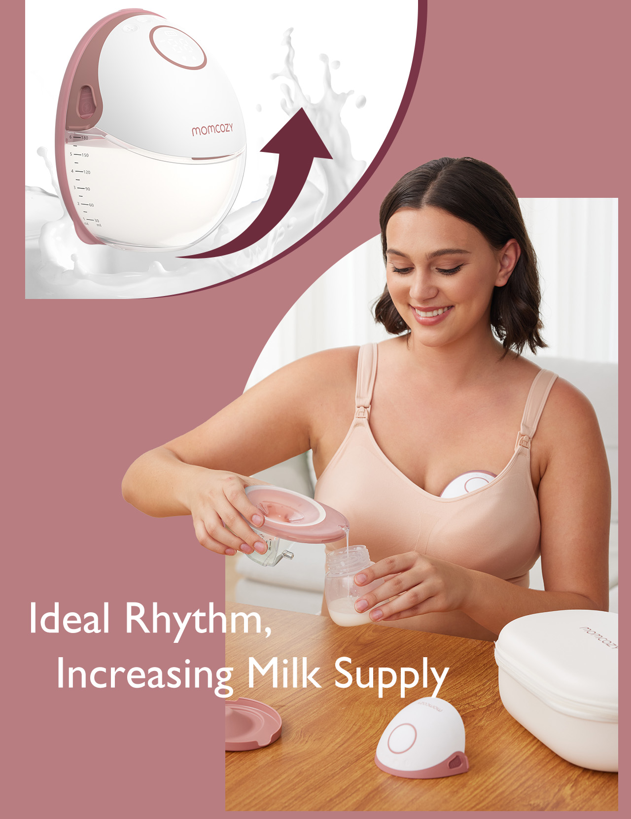 Una donna versa latte in un biberon, con un contenitore per tiralatte accanto.