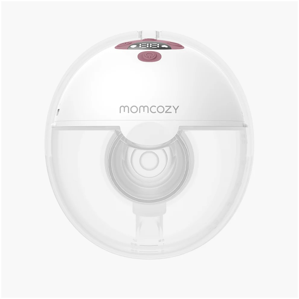 Biały pojemnik laktatora Momcozy z cyfrowym wyświetlaczem i różowymi przyciskami.