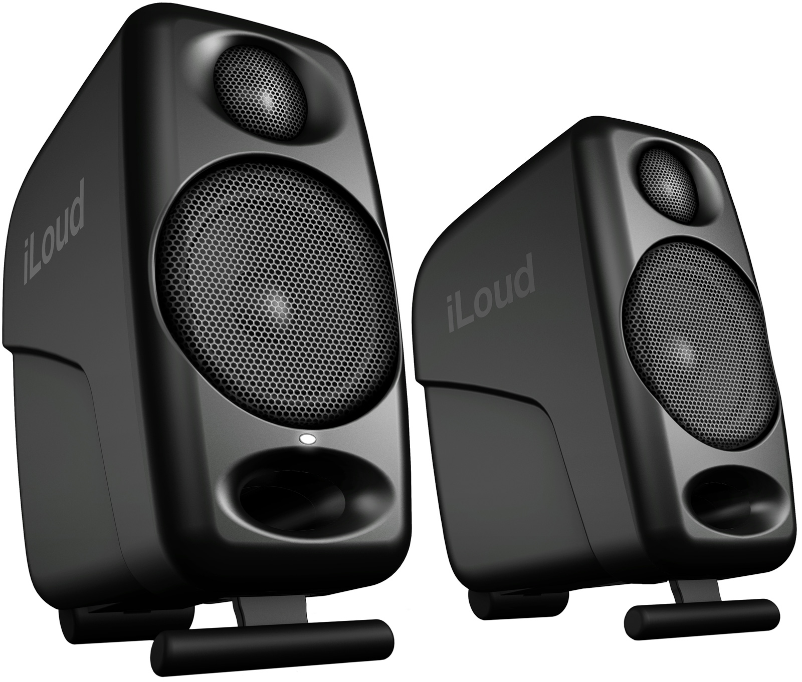Due altoparlanti iLoud neri con griglie e porte bass reflex.