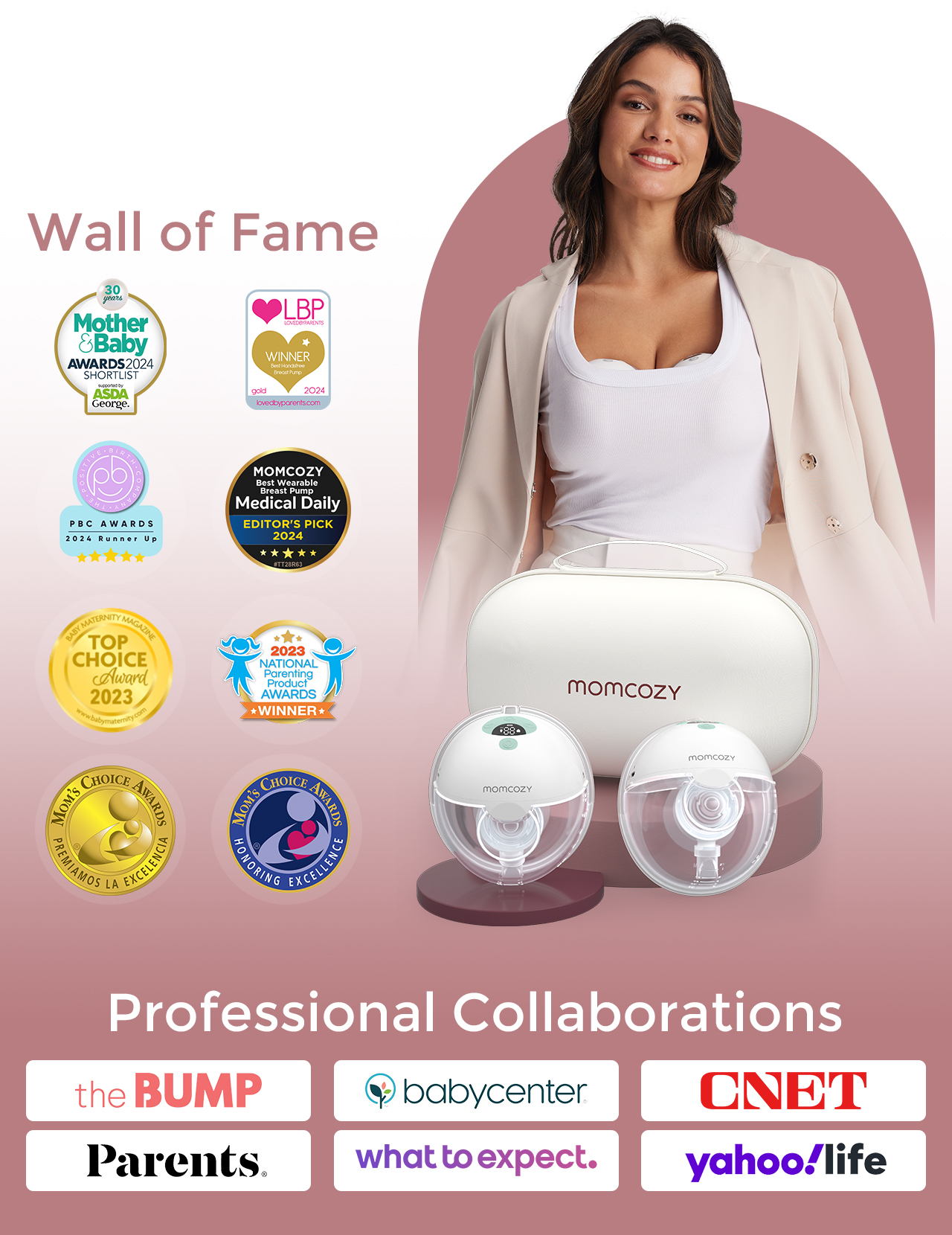 Una donna posa con tiralatte Momcozy e premi.