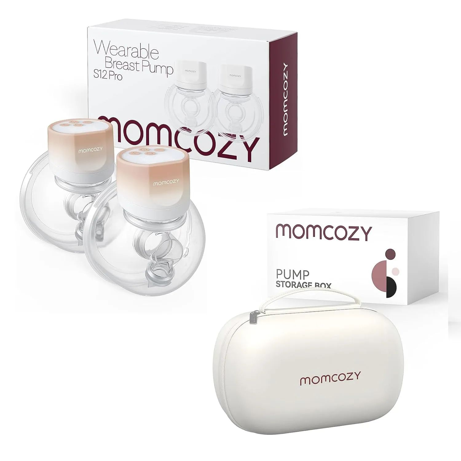 Dwa noszone laktatory Momcozy i pudełko do przechowywania.