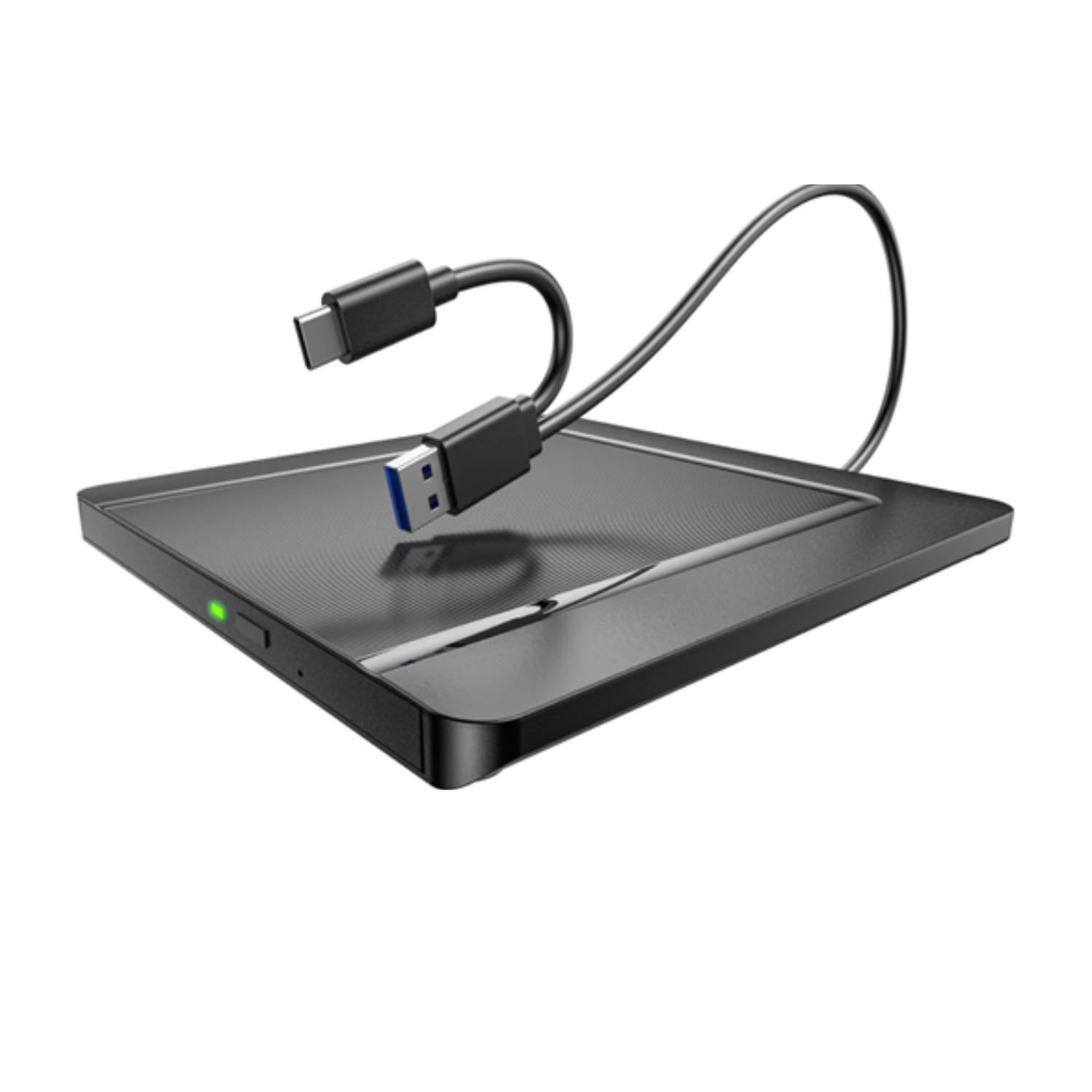Un hard disk esterno nero con cavo USB-C e connettore USB-A.