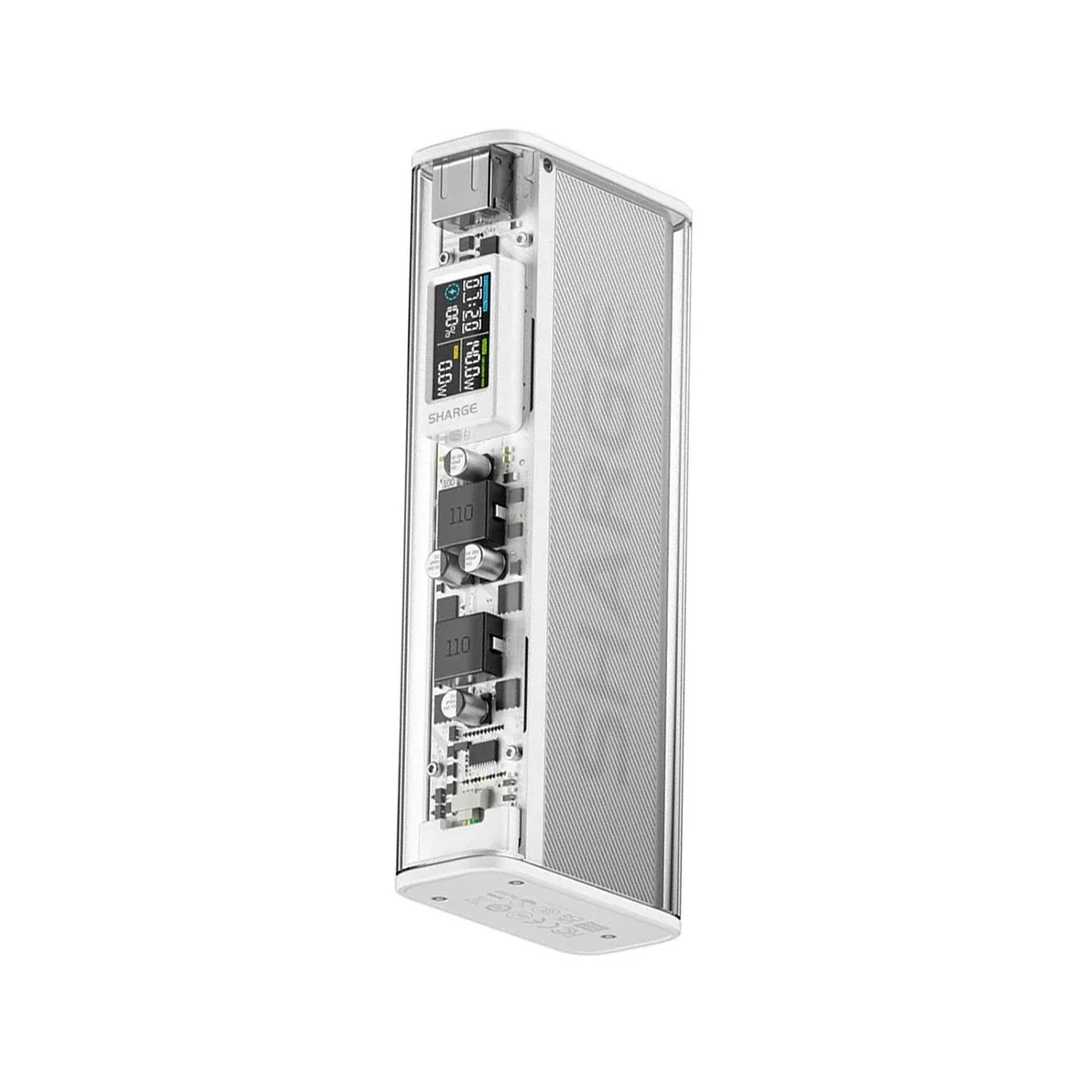 Un boîtier transparent révèle l'électronique interne d'un adaptateur de charge blanc aux accents argentés.