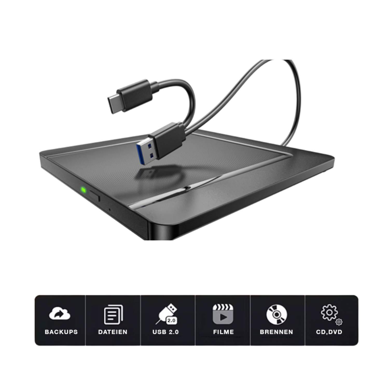 Masterizzatore CD/DVD esterno nero con cavo USB-C e USB-A.