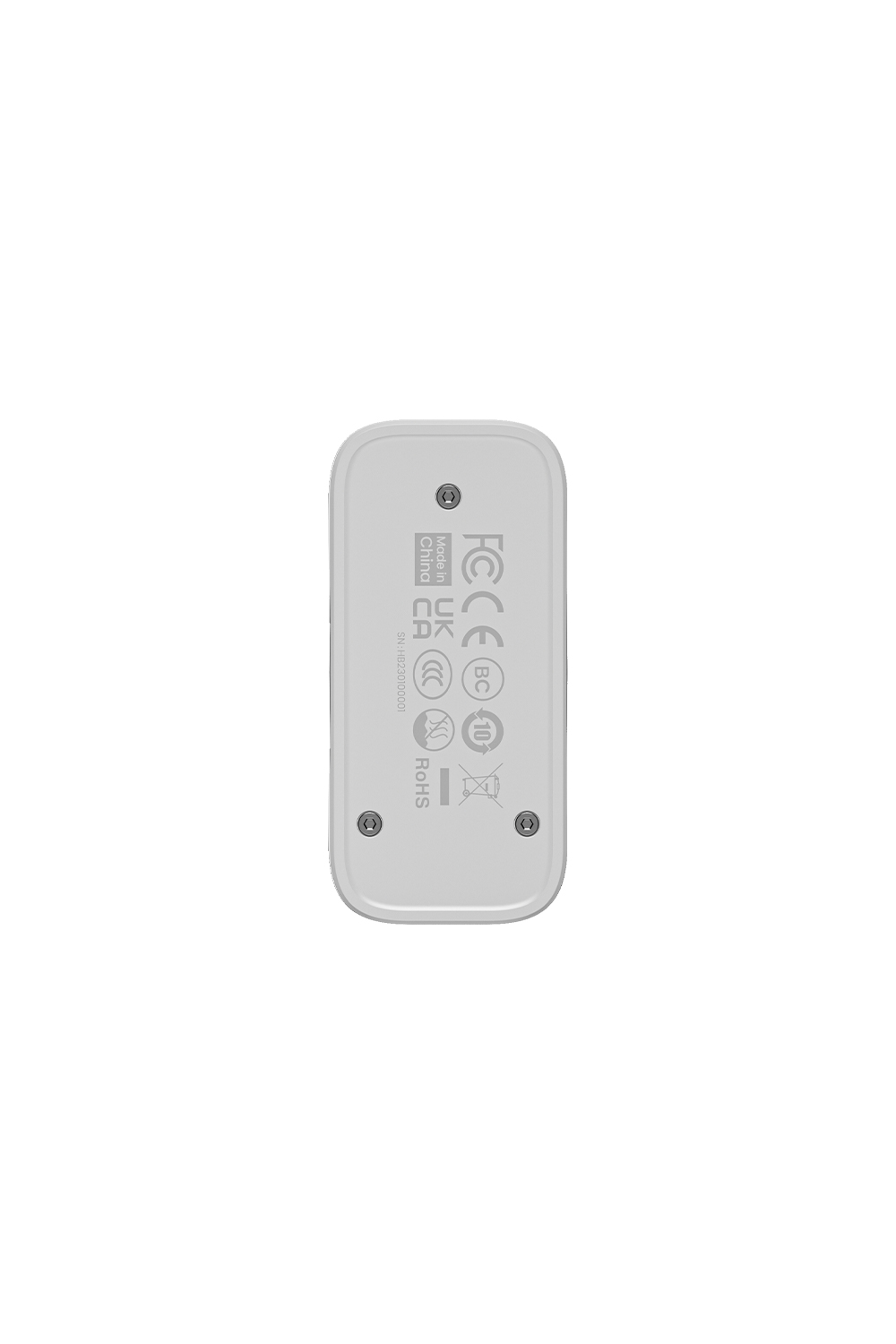 Dessous blanc d'un appareil avec logos FCC, UKCA et CE.