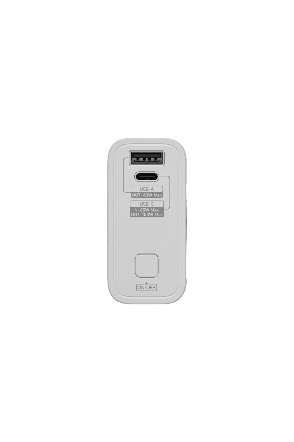 Batterie externe blanche avec USB-A, USB-C, entrée 65W Max, sortie 100W Max.