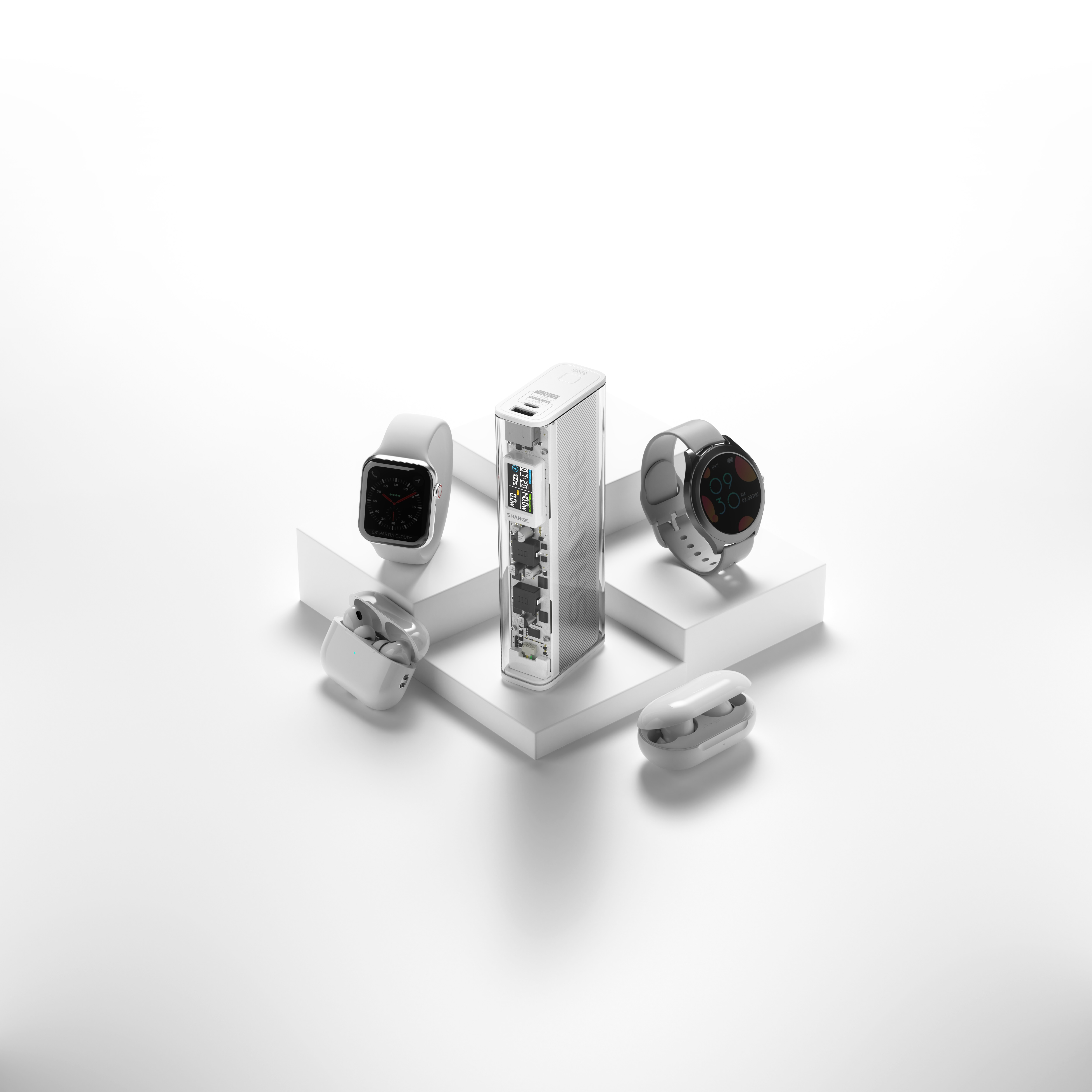 Batterie externe avec deux montres connectées et deux écouteurs sur des socles blancs.