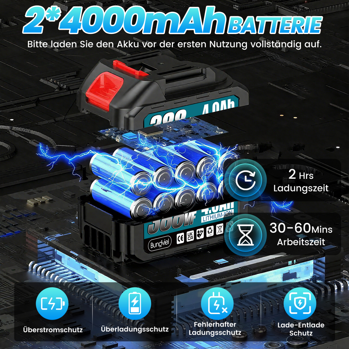 Batteriepack mit 8 blauen Zellen, elektrische Entladungen, Ladezeit 2 Std, Arbeitszeit 30-60 Min.