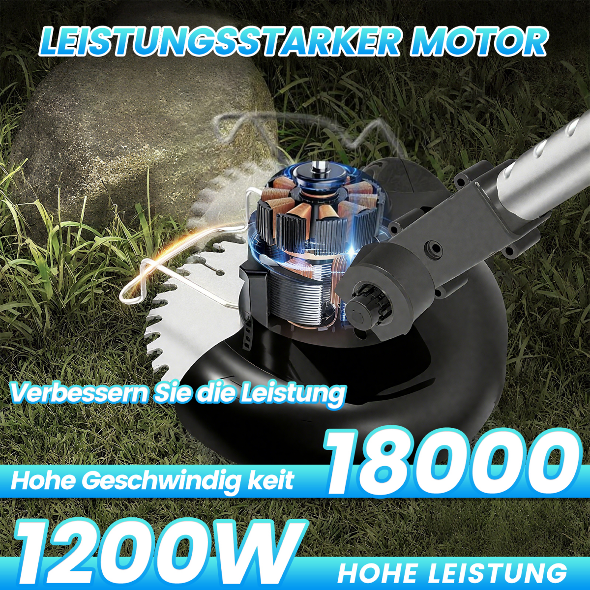 Nahaufnahme eines leistungsstarken Elektromotors und Blattes, mit Text über Leistung und Geschwindigkeit.