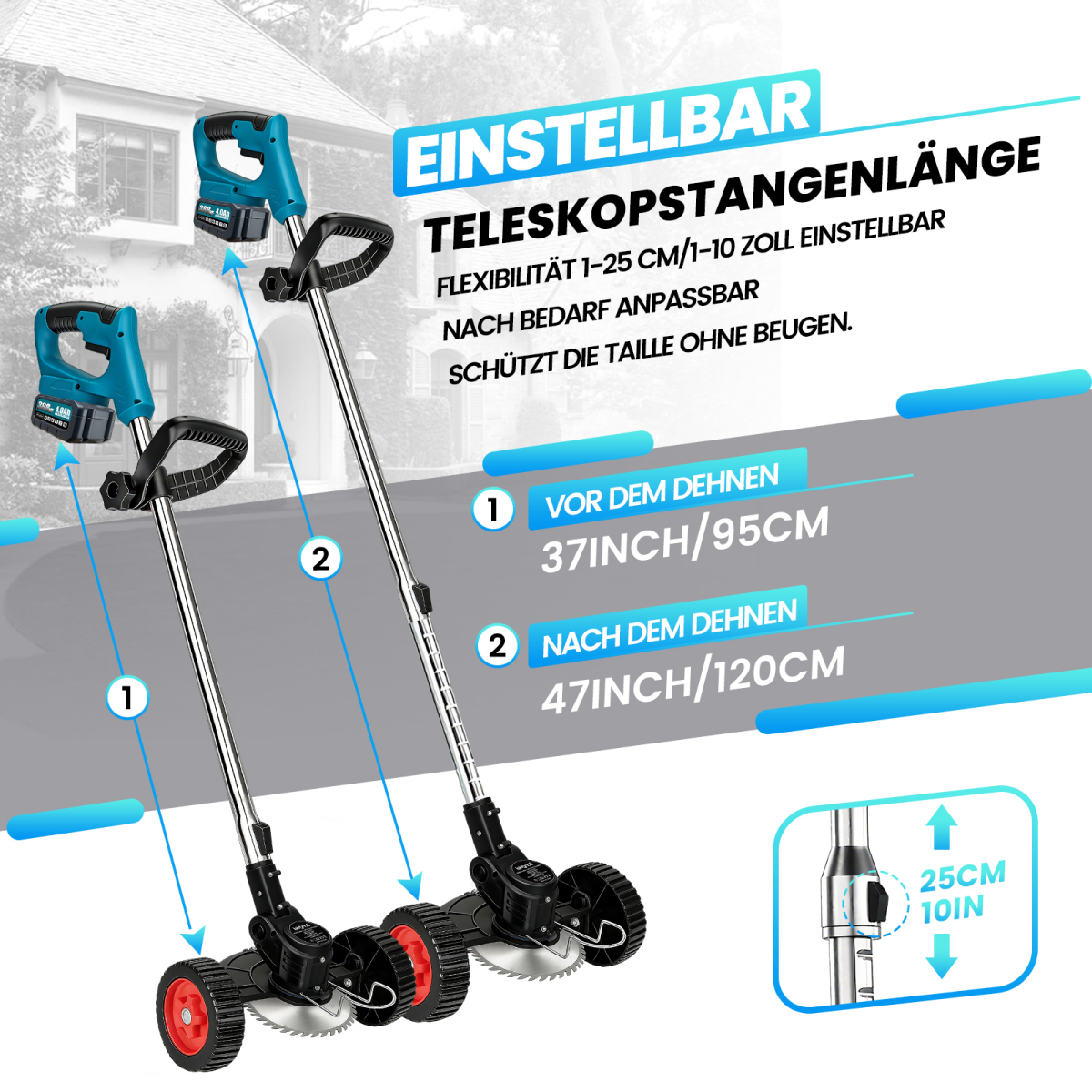 Zwei akkubetriebene Rasentrimmer mit Rädern, verstellbare Teleskopstange.