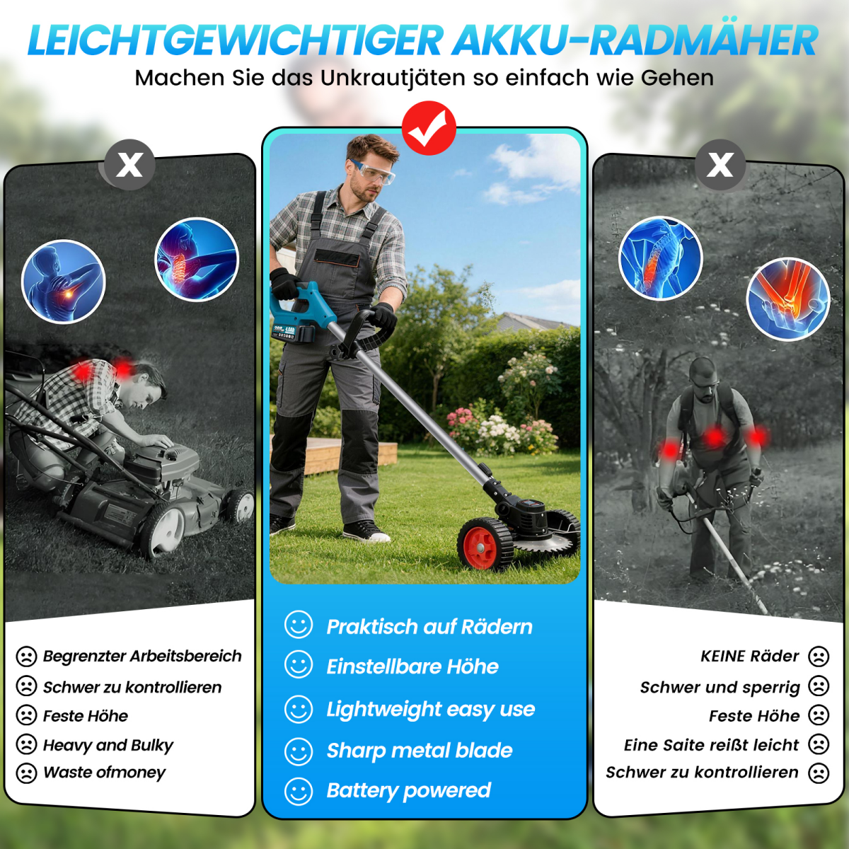 Vergleich von Rasenmähern: Akku-Radmäher mit Rädern vs. ohne Räder.