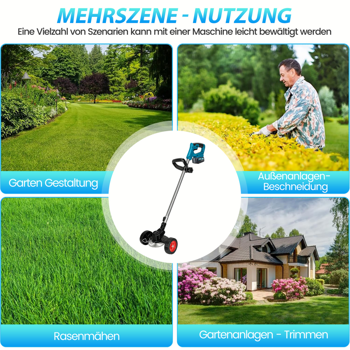 Vier Szenen: Garten, Rasenmähen, Beschneiden, Haus mit Garten.