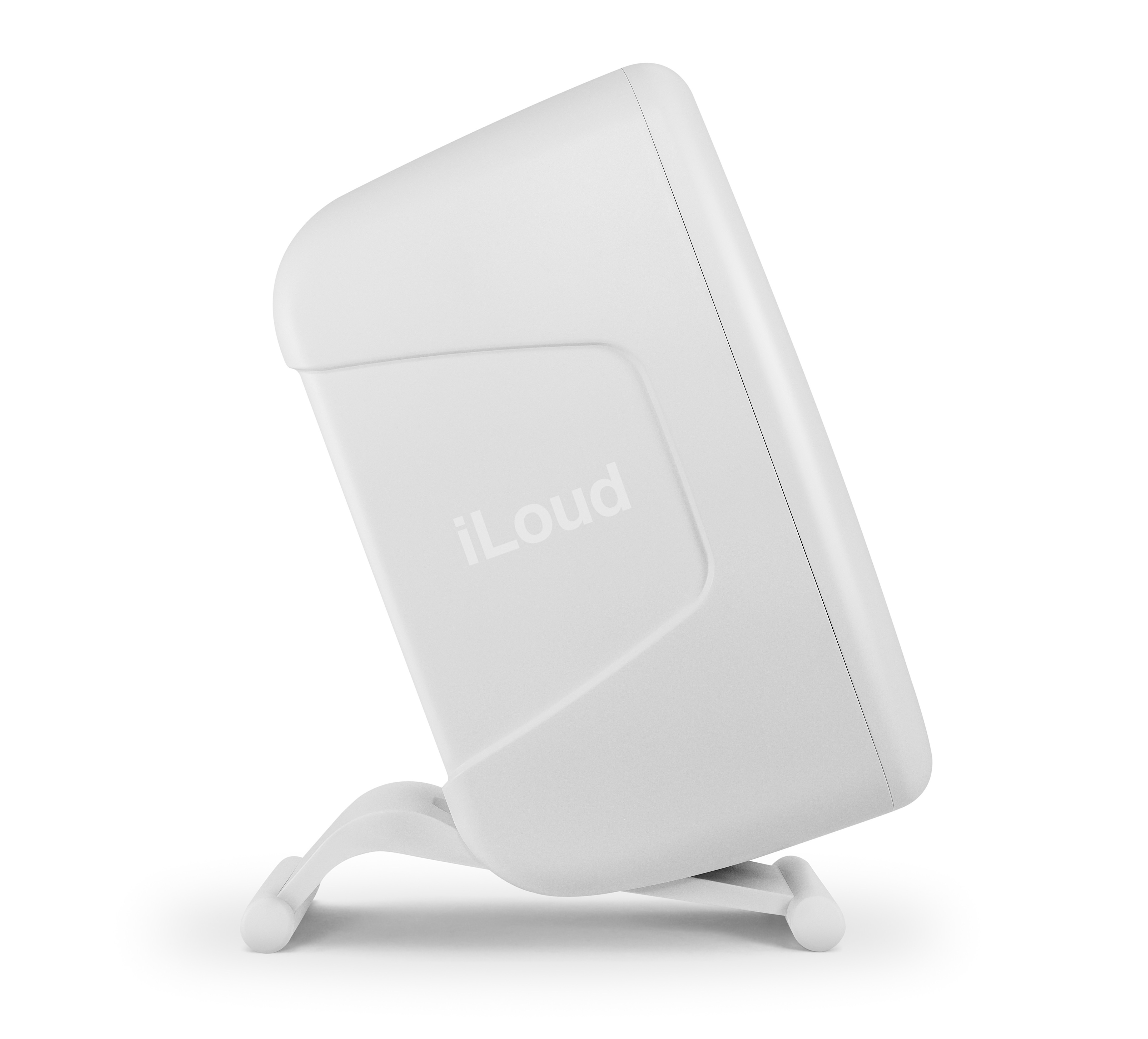 Un altoparlante bianco con logo "iLoud" su supporto.