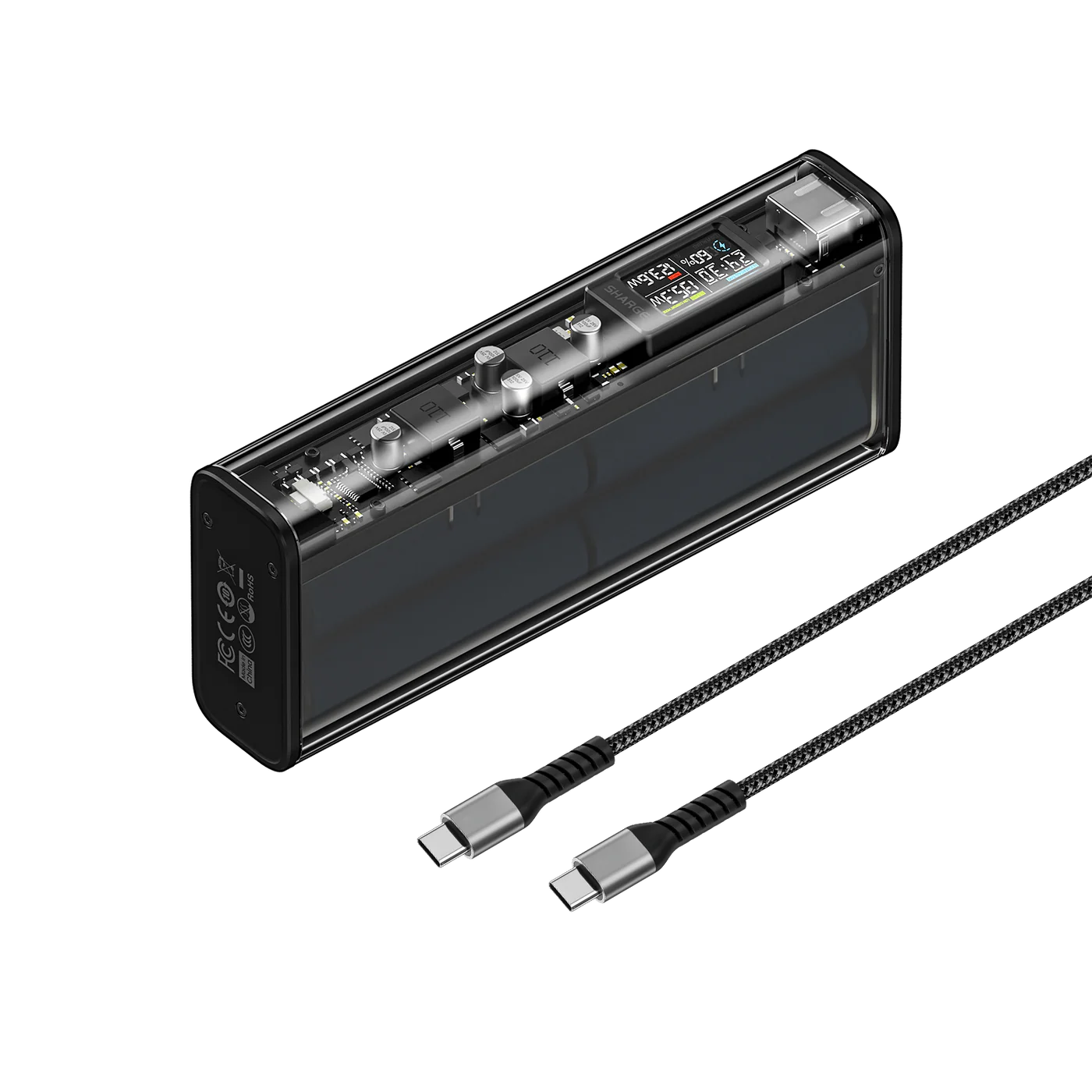 Batterie externe transparente avec deux câbles USB-C sur fond noir.
