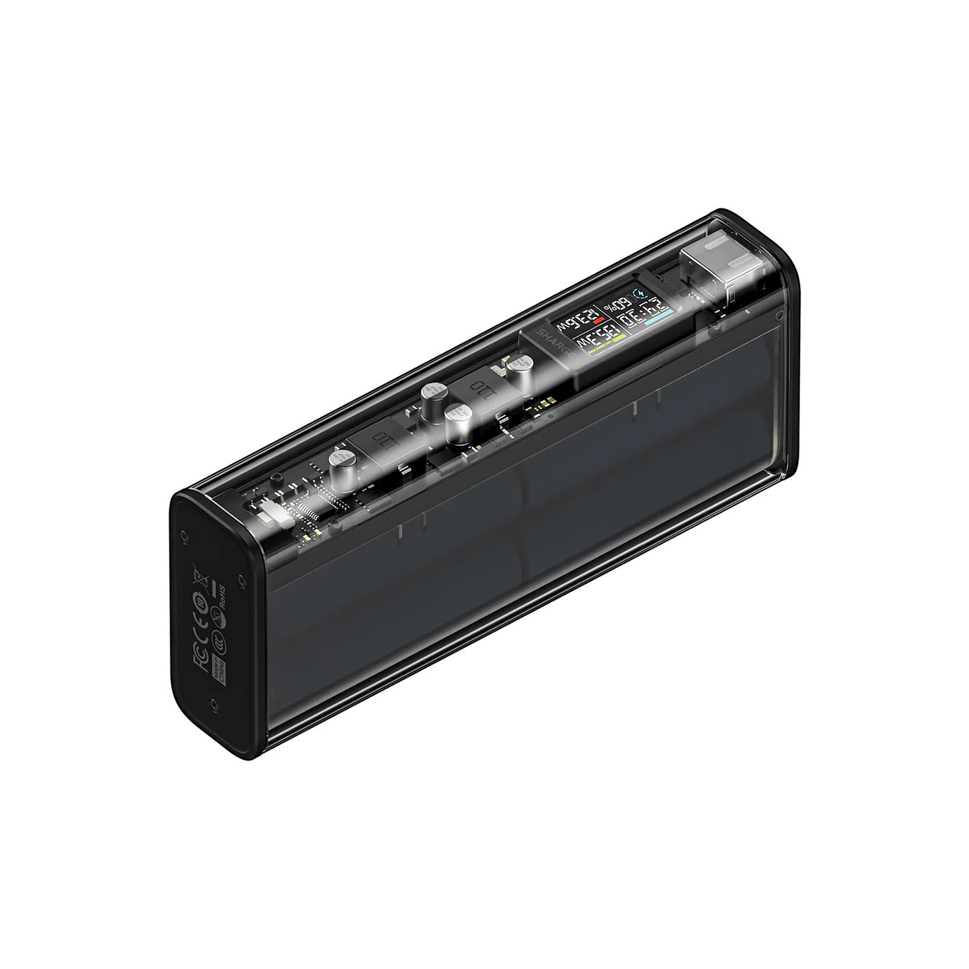 Batterie externe transparente avec écran numérique et port USB-C.