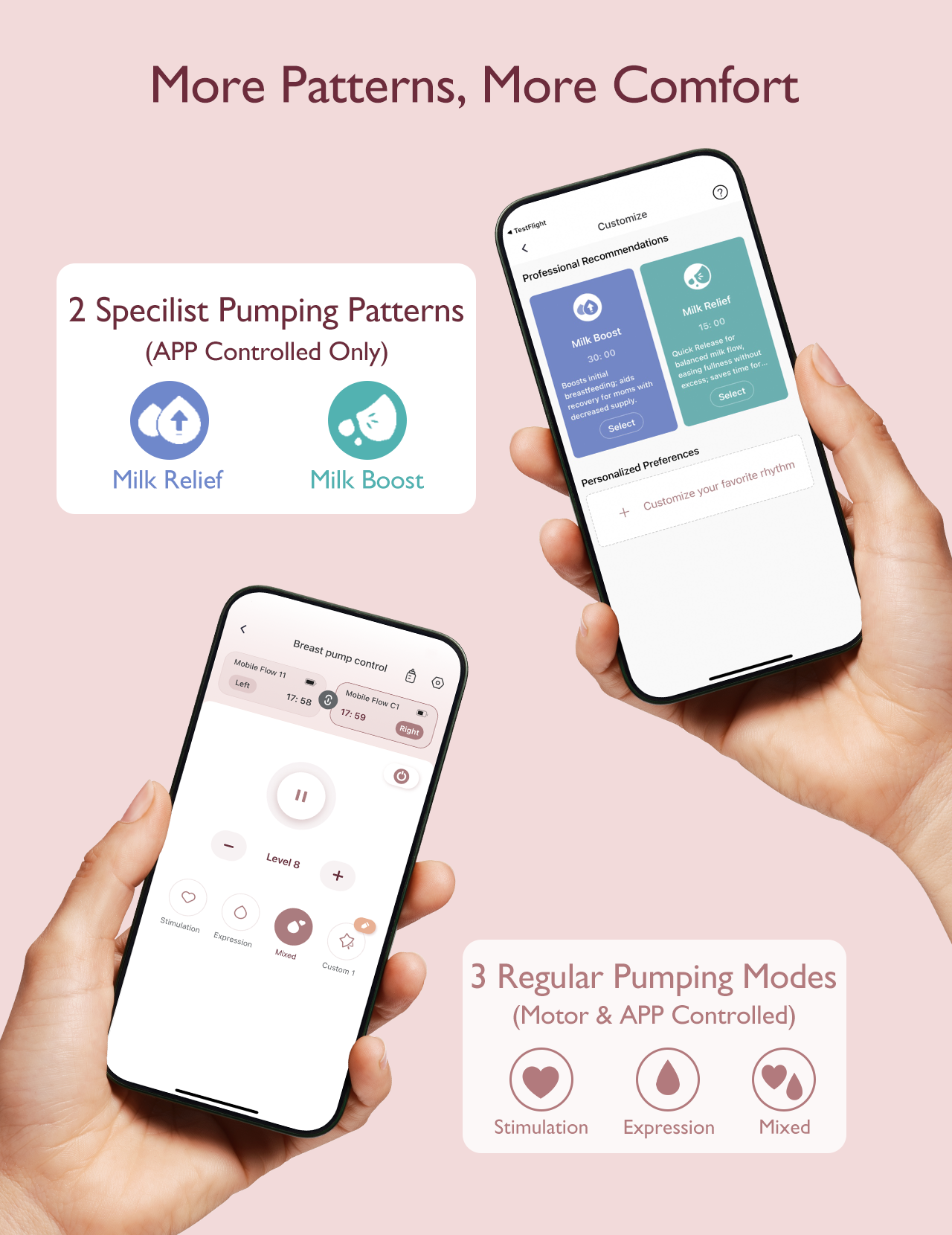 Dwa smartfony wyświetlają aplikację laktatora z różnymi trybami i ustawieniami.