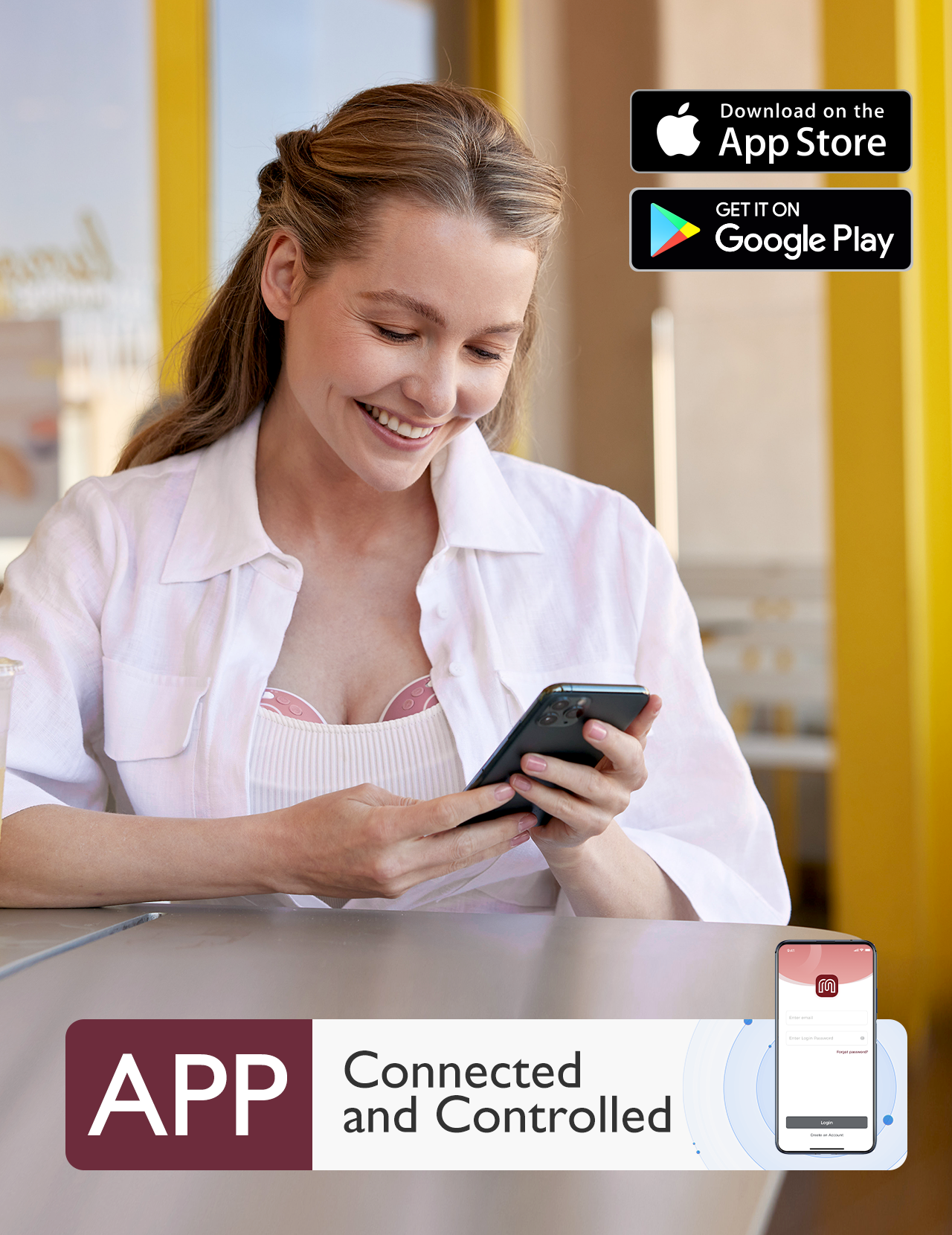 Kobieta uśmiecha się, patrząc na telefon, z przyciskami App Store/Google Play.