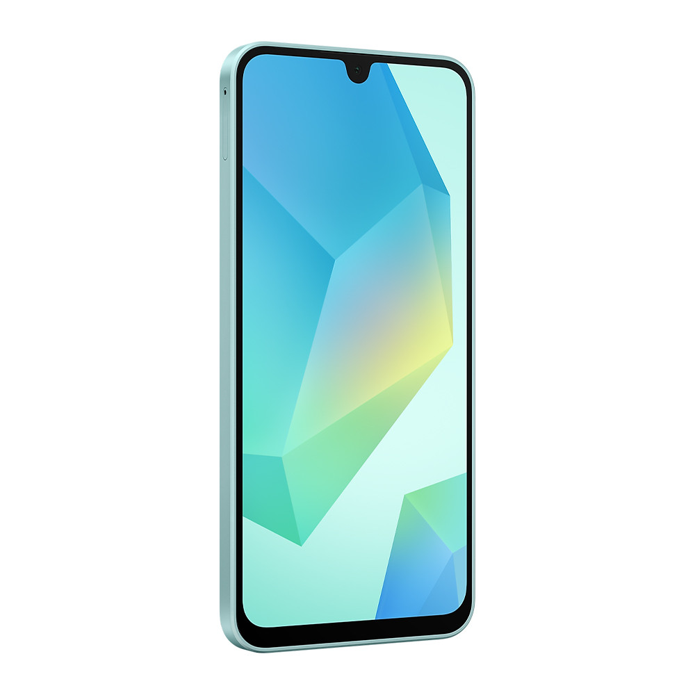Uno smartphone verde chiaro con uno sfondo astratto e colorato.