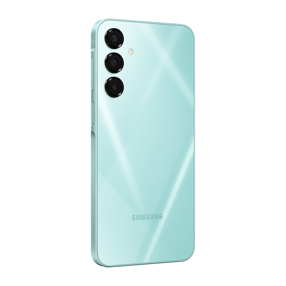 Rückseite eines türkisfarbenen Smartphones mit drei Kameras und Samsung-Logo.