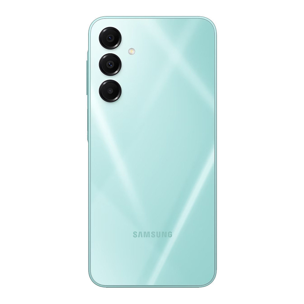 Rückseite eines türkisfarbenen Smartphones mit drei Kameras und Samsung-Logo.