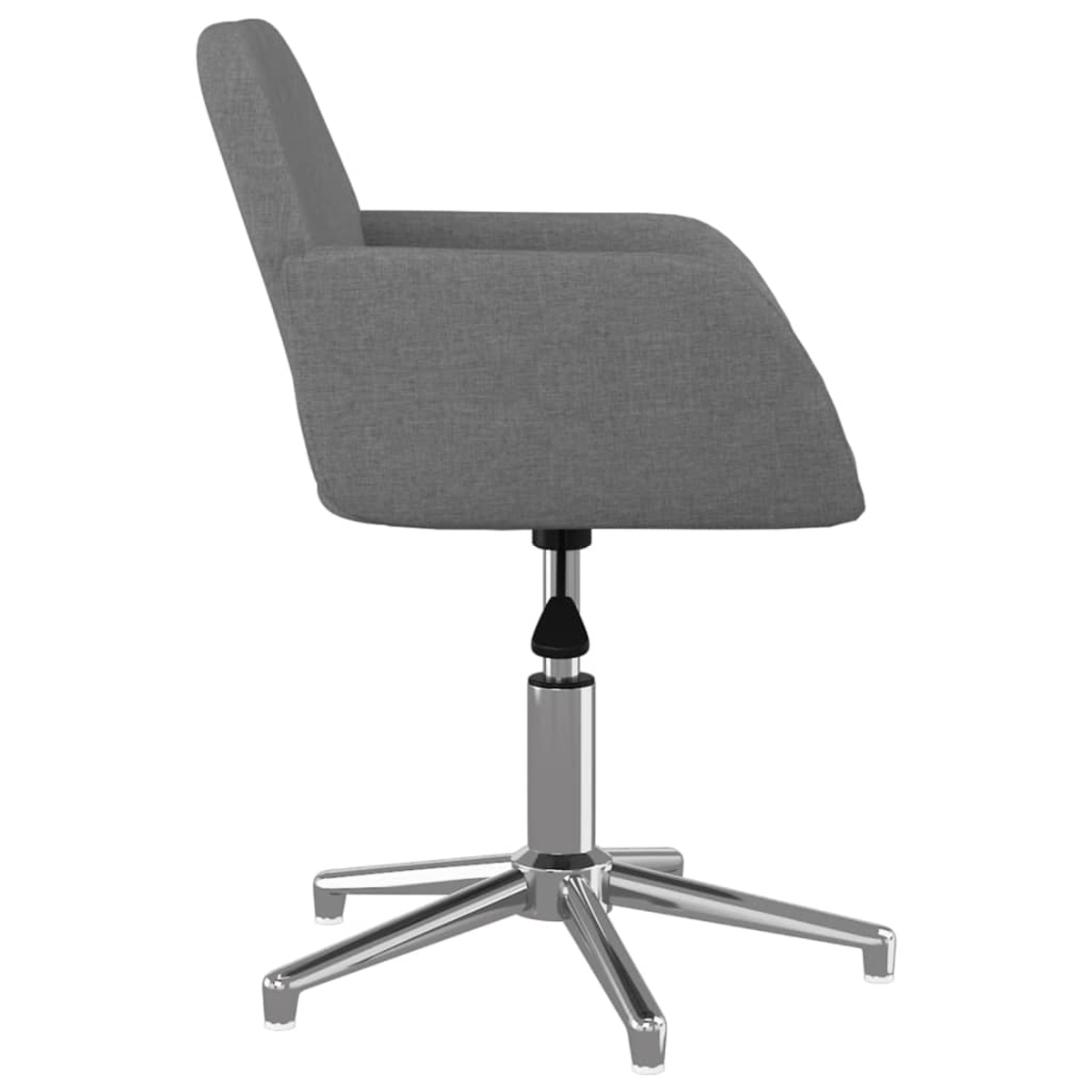 Grauer Bürostuhl mit Armlehnen, auf glänzendem Metallfuß mit Rollen.