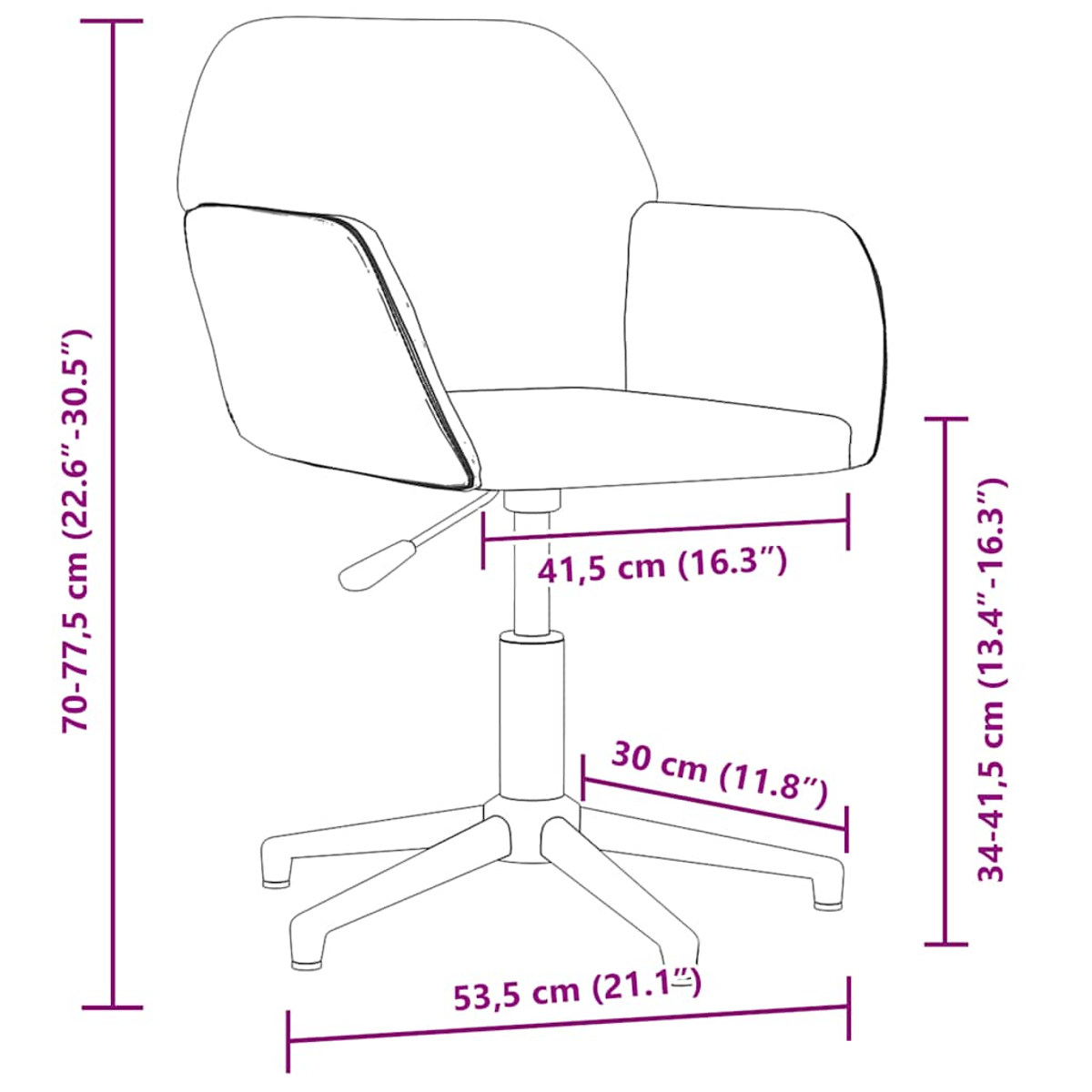 Zeichnung eines Bürostuhls mit Maßangaben in cm und Zoll.