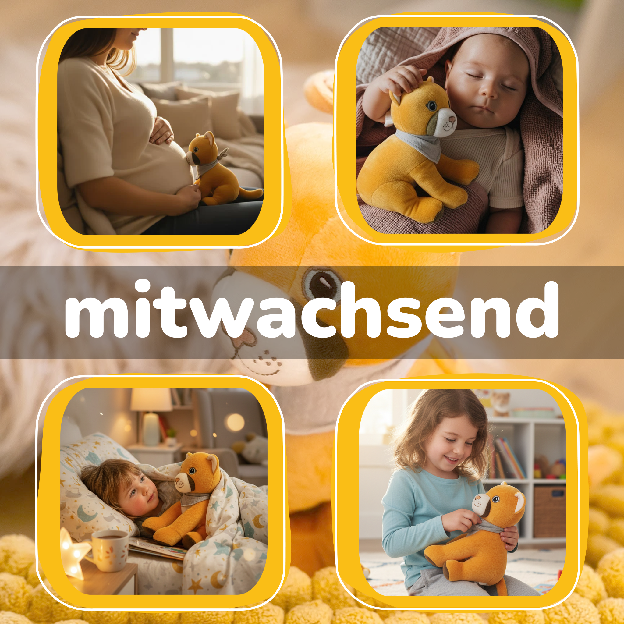 Eine schwangere Frau, ein Baby, ein Kind im Bett und ein Mädchen mit einem Stofftier.