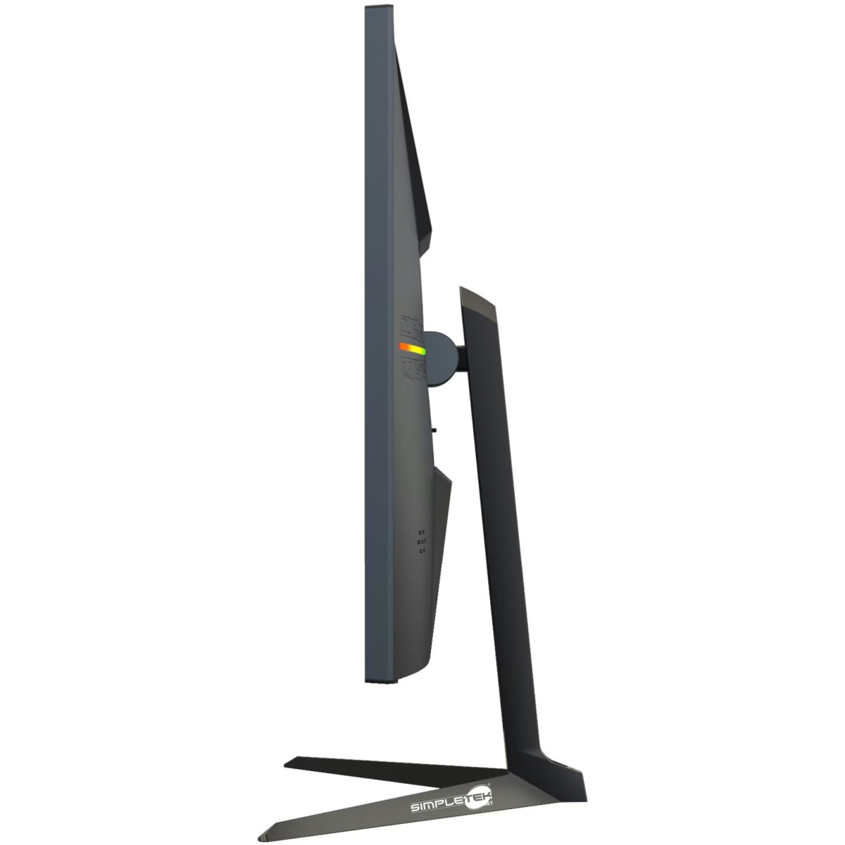 Un monitor nero con cornice sottile e supporto a gradini. Vista laterale.
