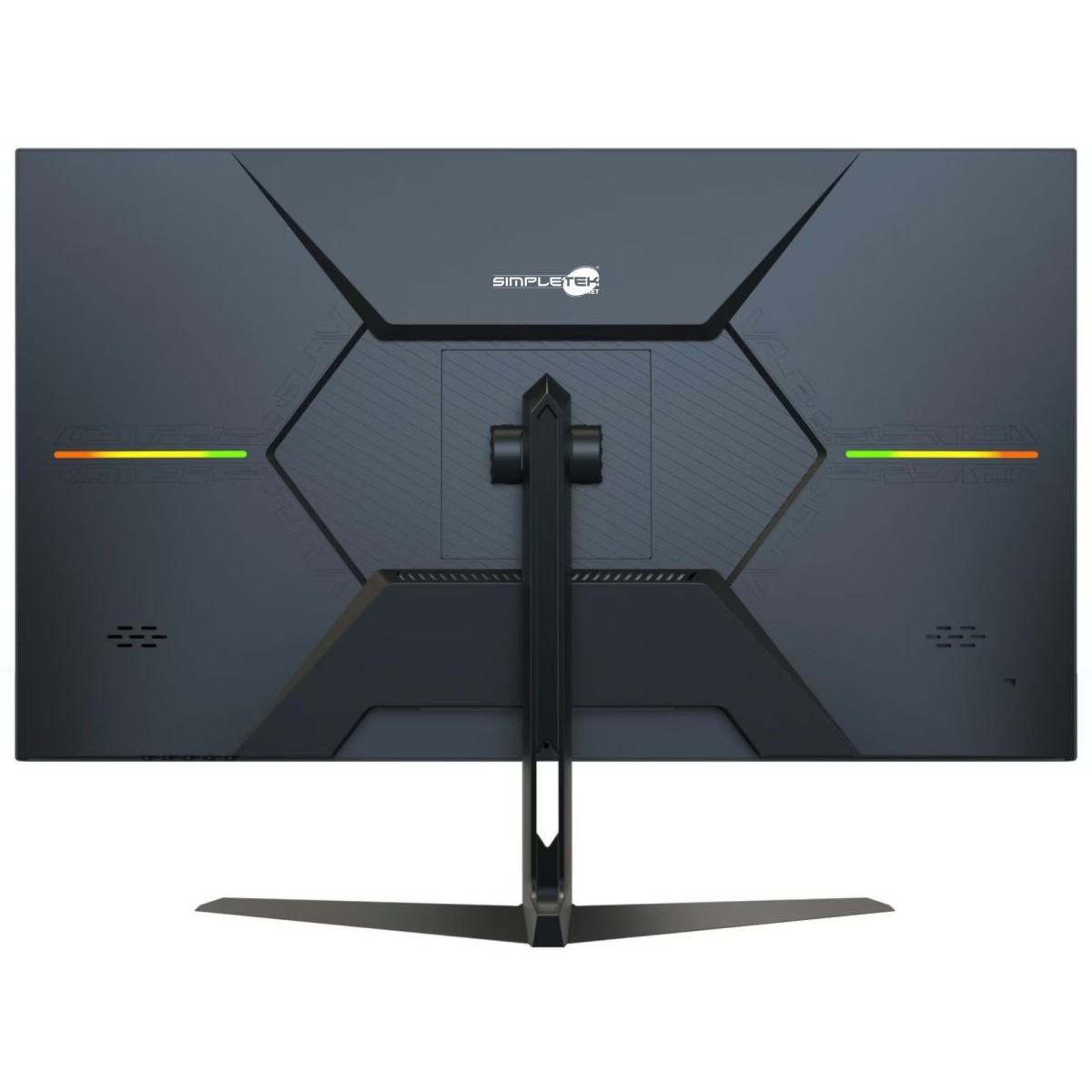 Retro di un monitor nero con supporto argentato e strisce luminose RGB.