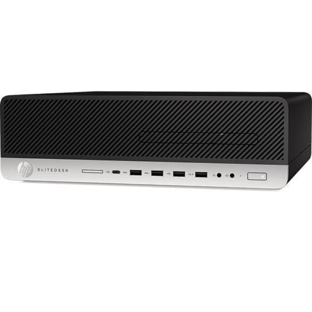 Een zwarte HP Elitedesk desktop computerkast met een zilveren voorpaneel en USB-poorten.