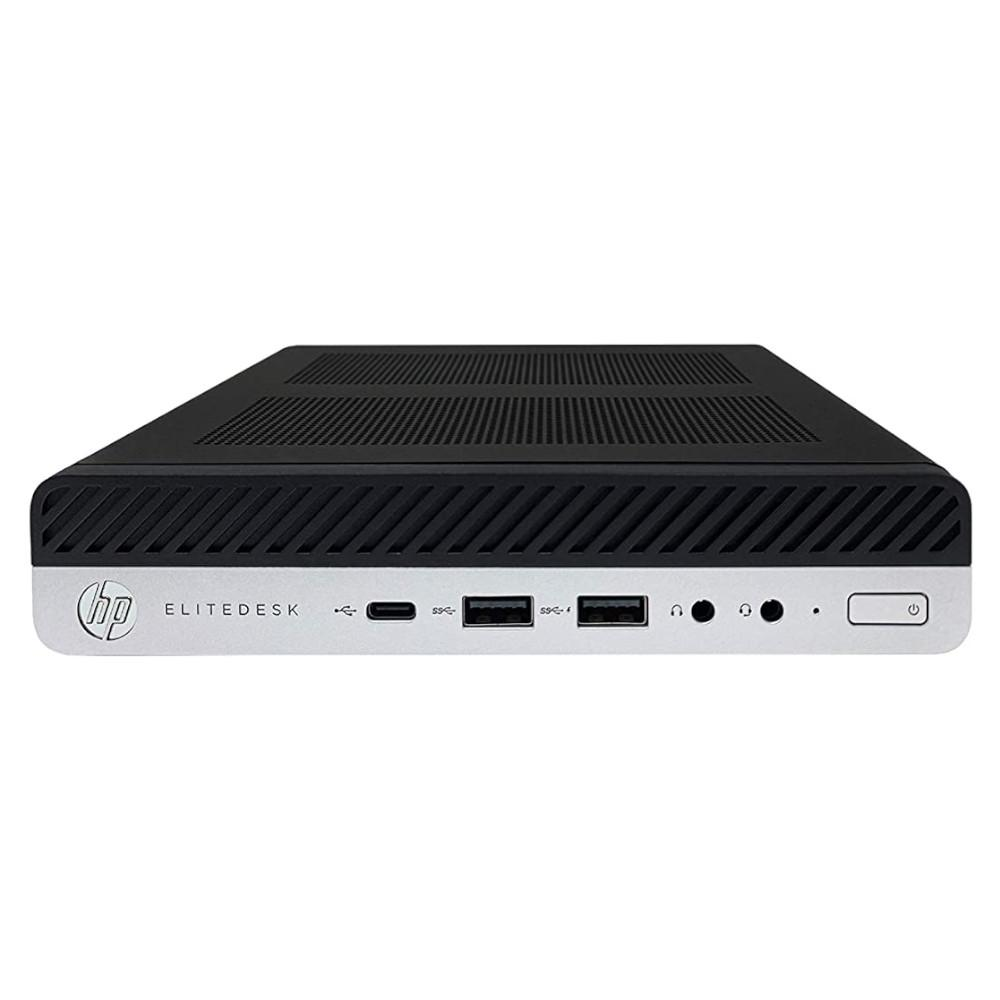 A black HP Elitedesk computer with a silver front panel featuring ports.