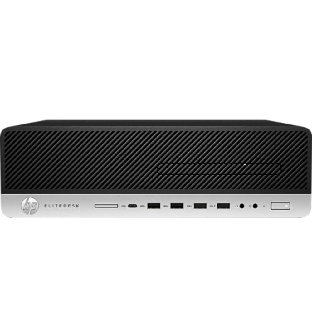 Een zwarte HP Elitedesk desktopcomputer met een zilveren voorpaneel en poorten.