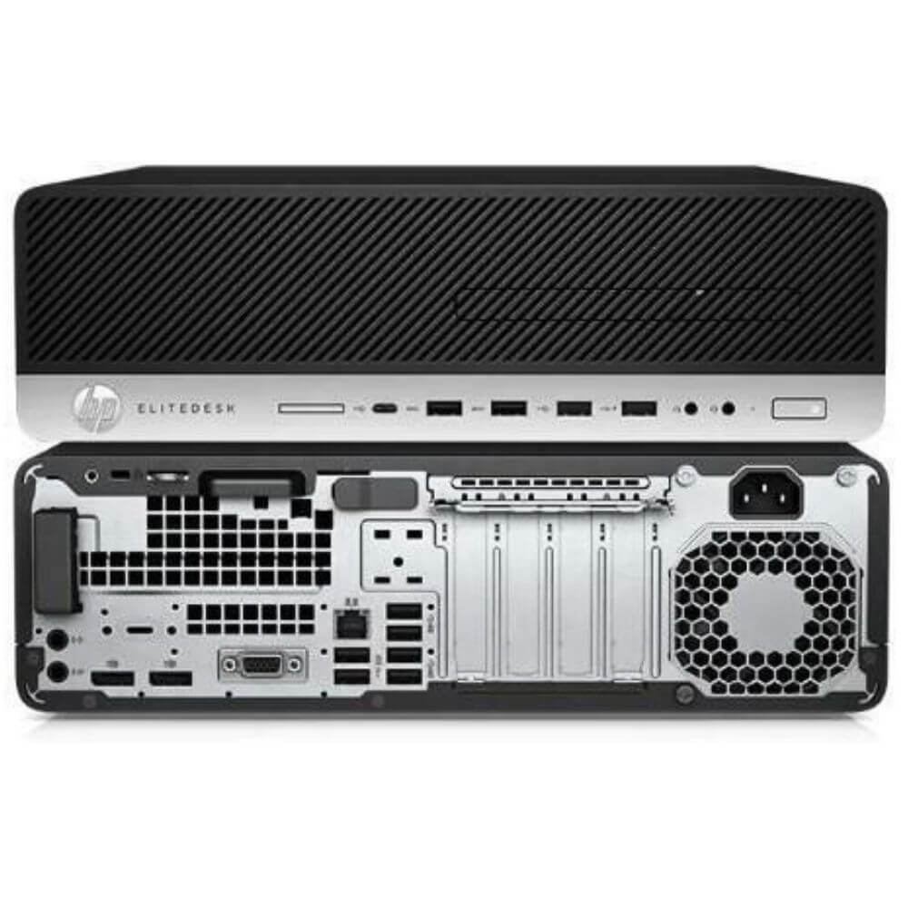 Achterkant van een zwarte HP Elitedesk computer met poorten en ventilator.