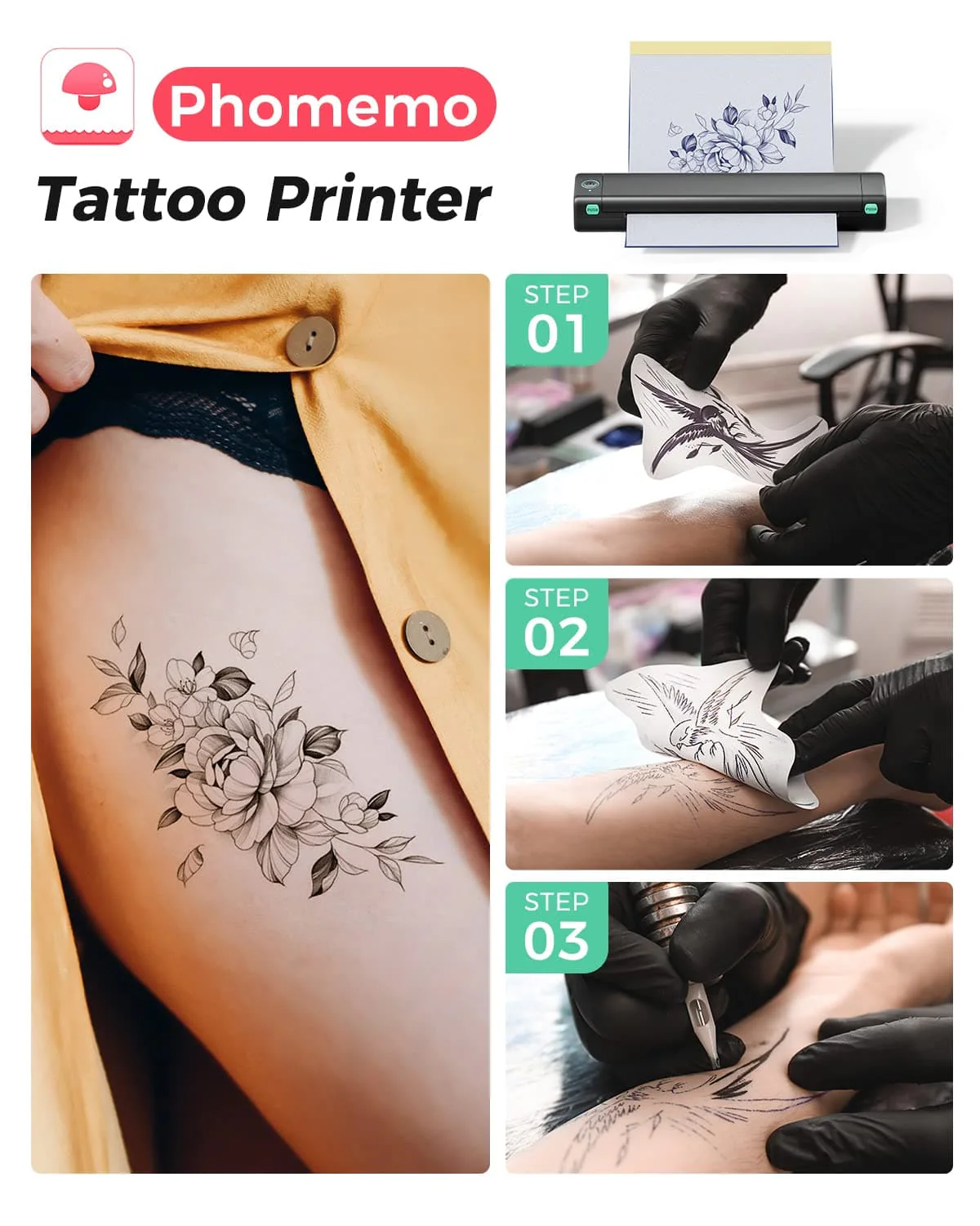 Instructions de l'imprimante de tatouage Phomemo avec tatouage floral.