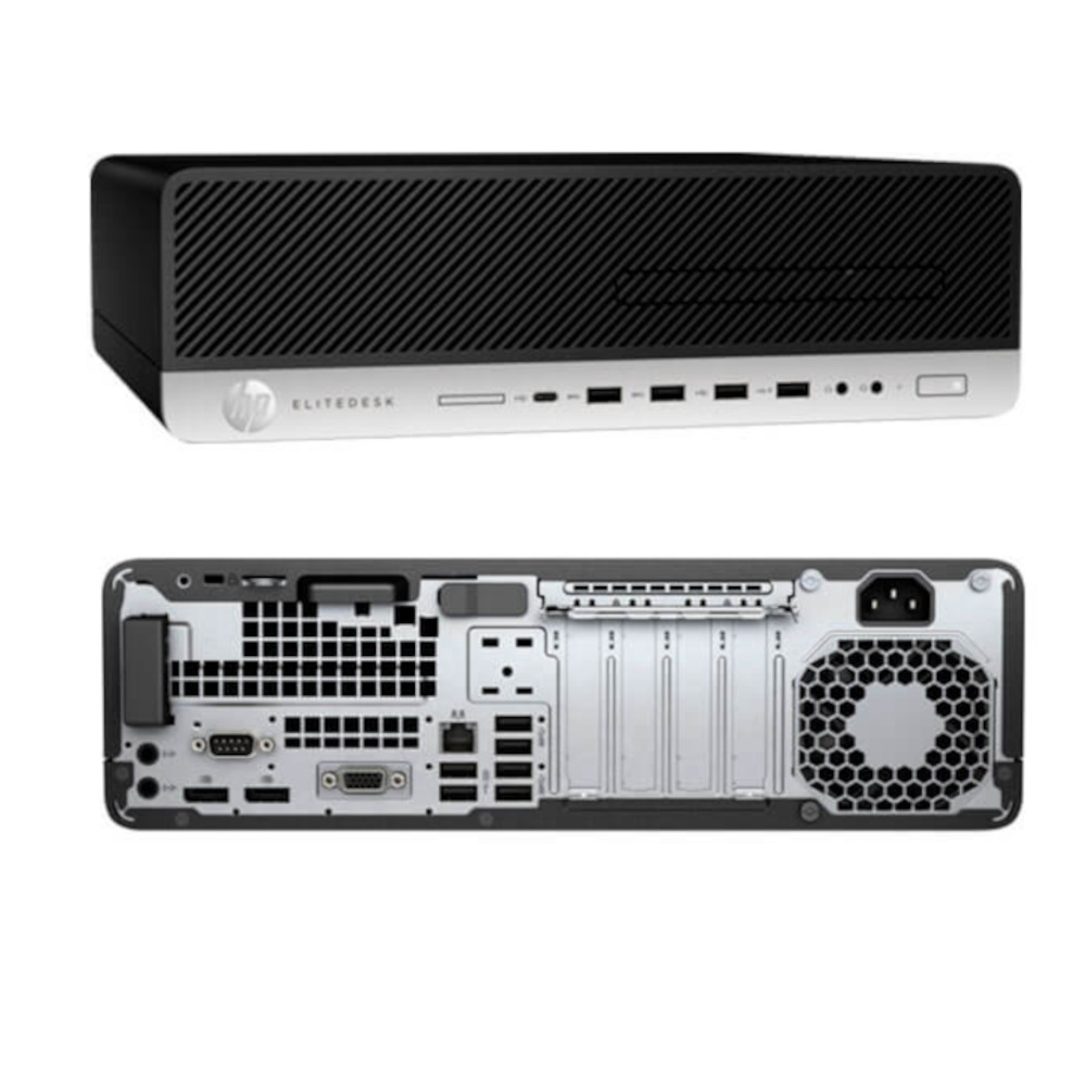 Voor- en achterkant van een zwarte HP Elitedesk desktopcomputer met poorten.