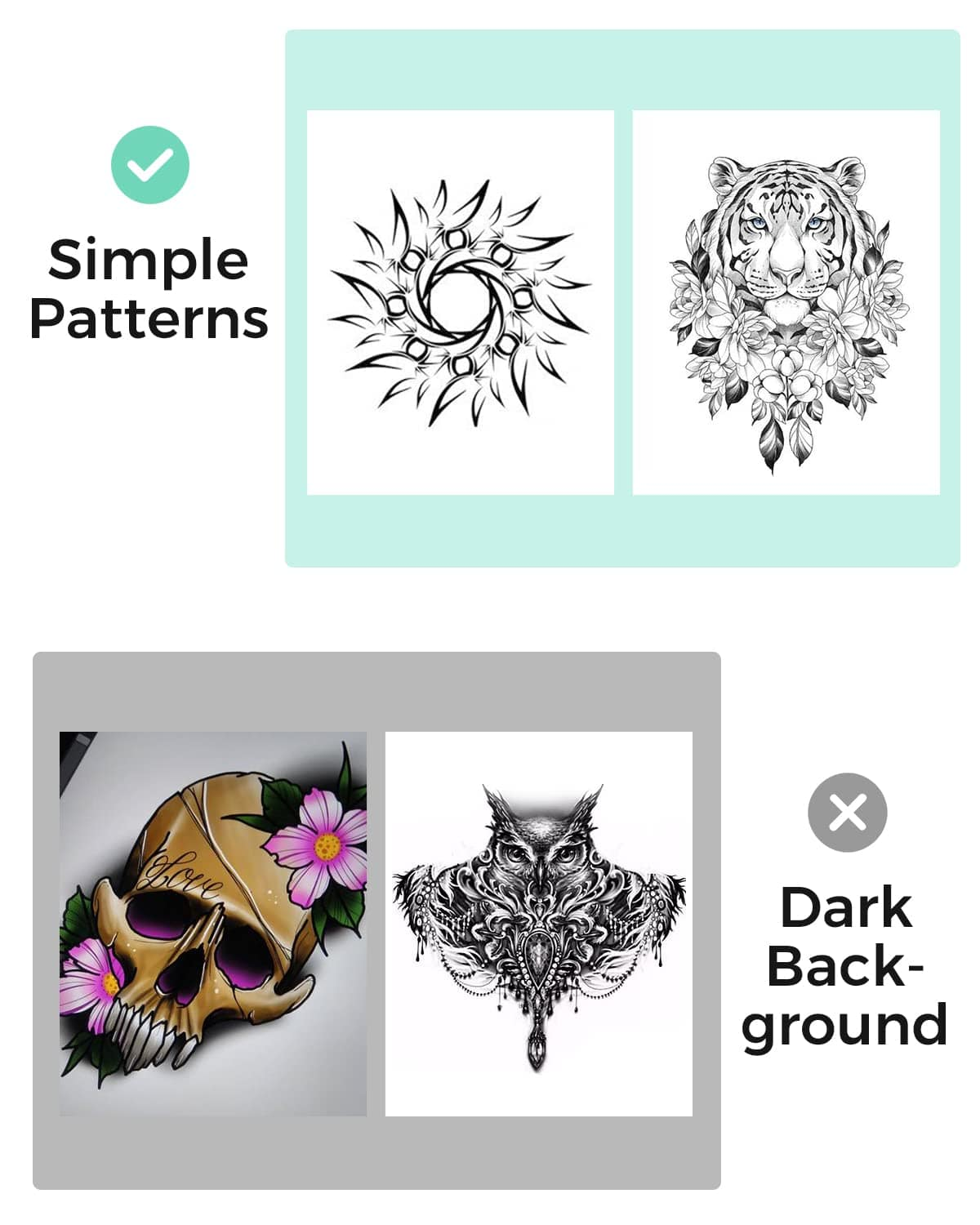 Motifs : Un motif circulaire, tête de tigre avec fleurs, crâne avec fleurs, un hibou.