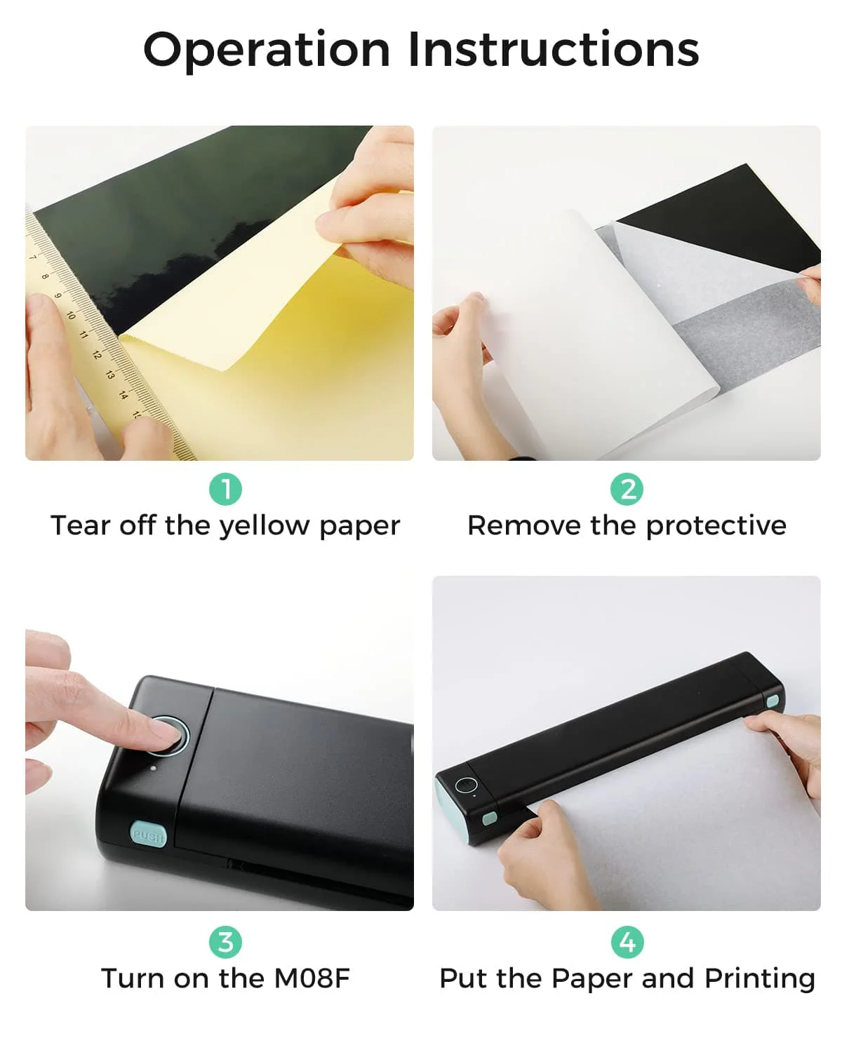 Instructions: Retirer papier jaune, enlever protection, allumer appareil, insérer papier.