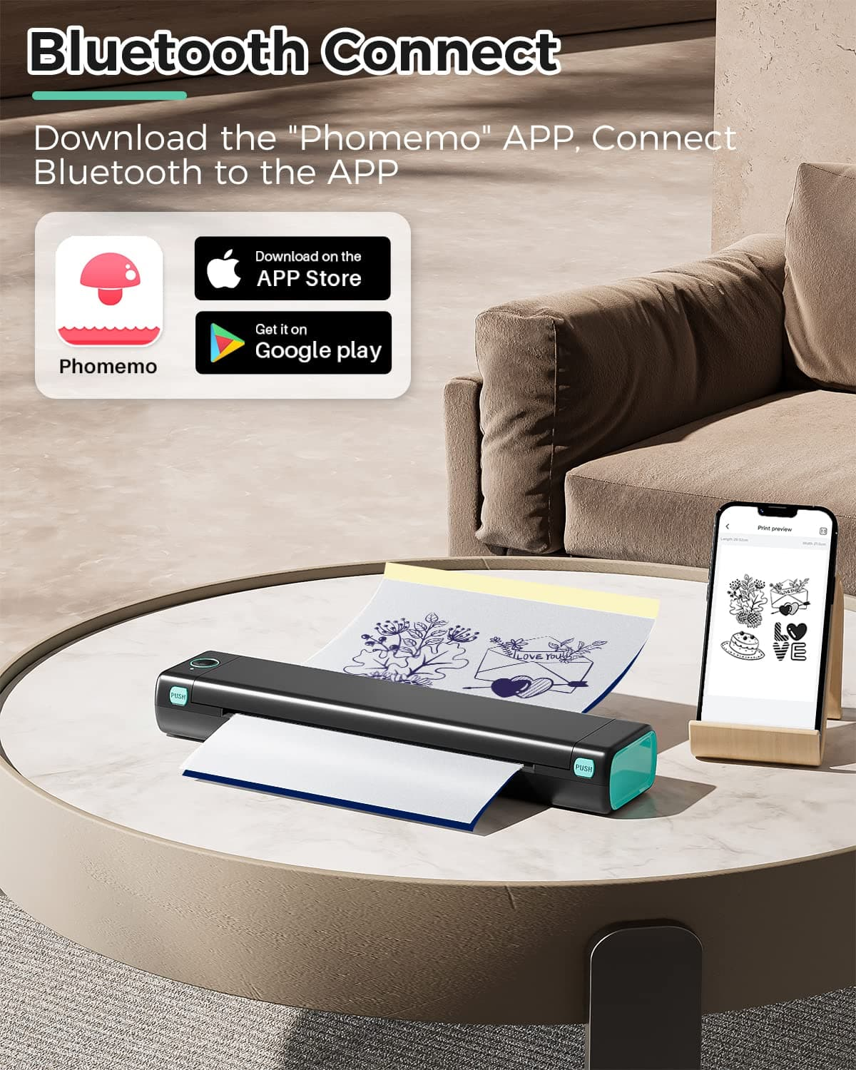 Une petite imprimante sur une table à côté d'un smartphone affichant une application.