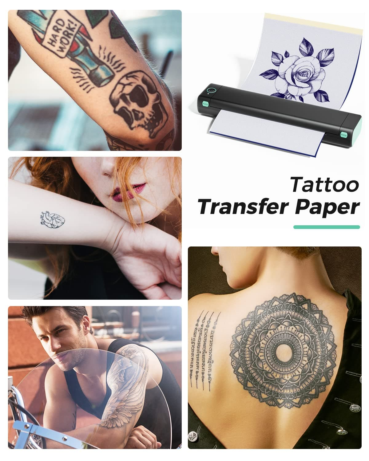 Bras avec tatouage de crâne, imprimante avec motif de rose, femme avec tatouage de cœur, homme avec tatouage d'aile, dos avec tatouage de mandala.