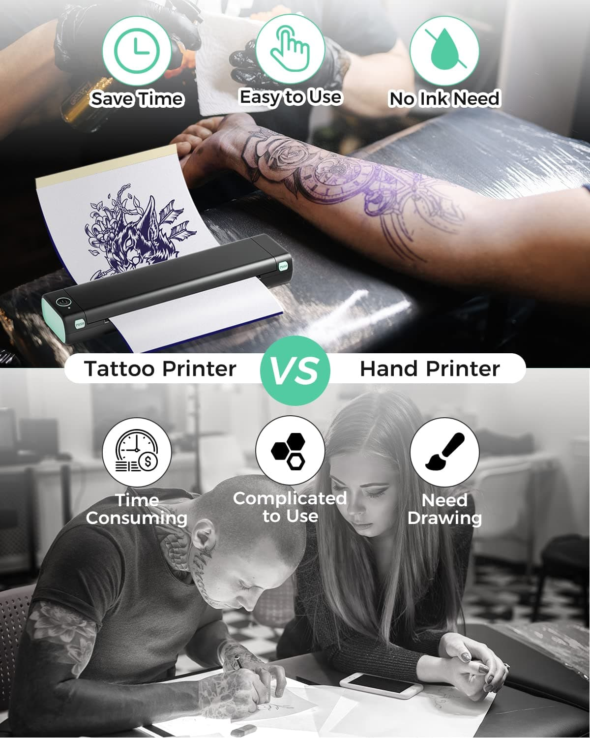 Comparaison imprimante tatouage vs imprimante manuelle : gain de temps, facile à utiliser.