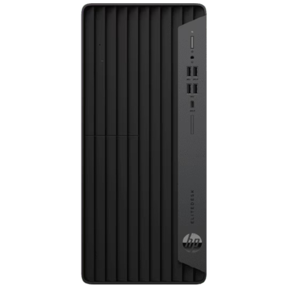 Black HP Elitedesk tower with vertical grooves and ports on the side.