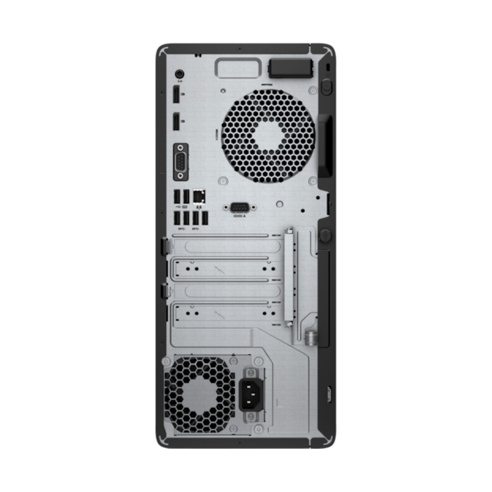 Back view of a PC showing fans, ports, and expansion slots.