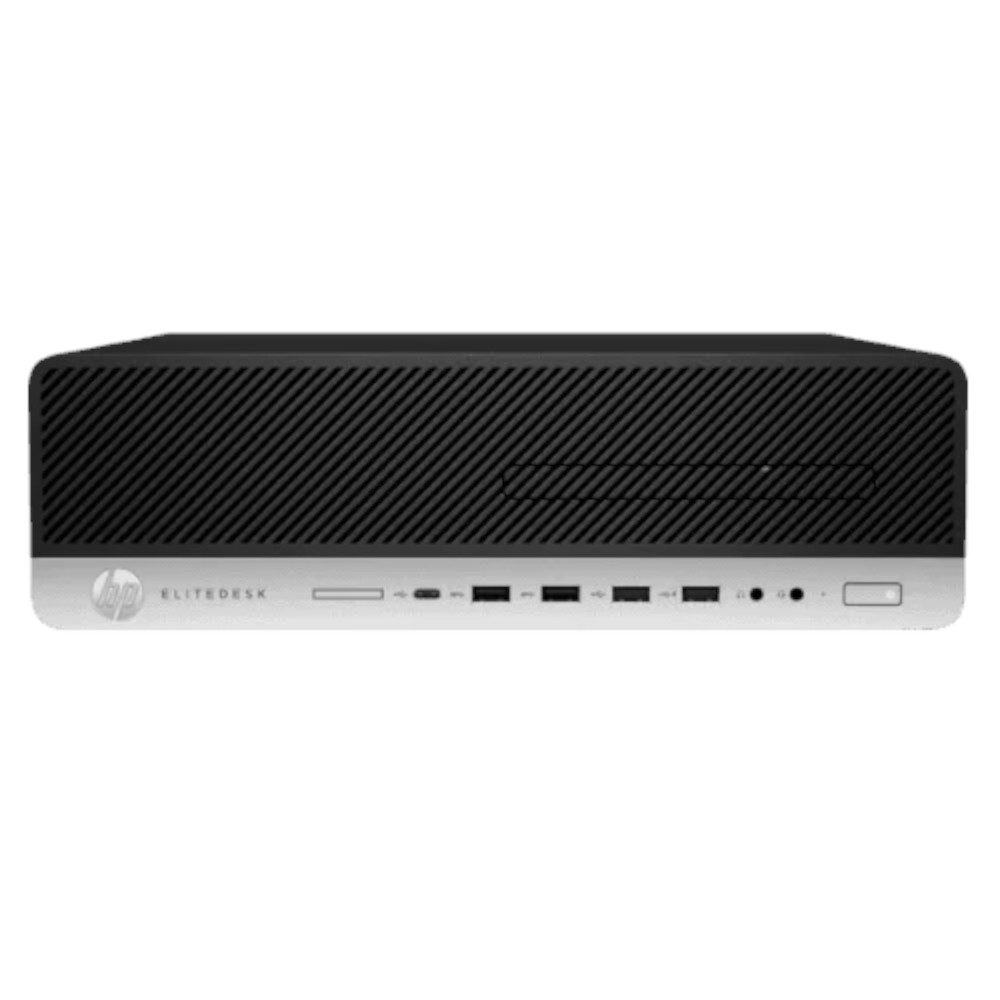 Een zwarte HP Elitedesk desktopcomputer met zilveren voorkant en poorten.