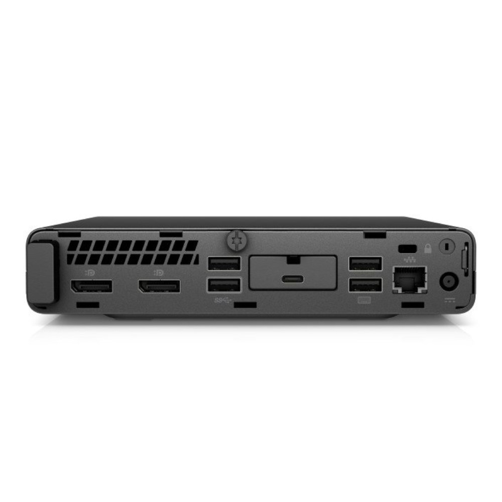 Achterkant van een zwarte mini-pc met poorten: HDMI, USB, Ethernet en voeding.