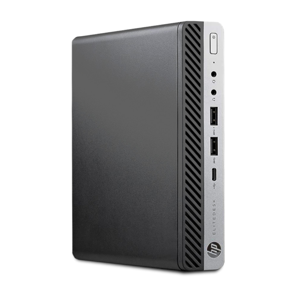 Een kleine, donkergrijze HP Elitedesk computer met poorten aan de zijkant.