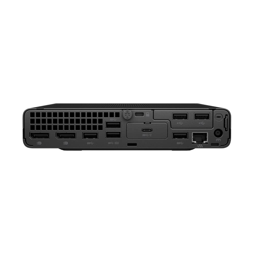 Achterkant van een zwarte mini-pc met diverse poorten zoals USB en DisplayPort.
