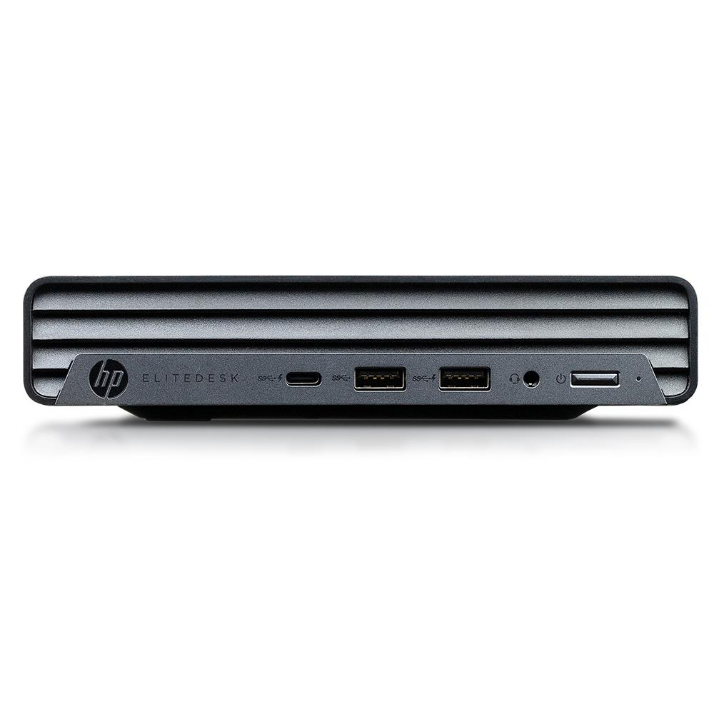 HP Elitedesk Mini PC: Achteraanzicht met poorten zoals USB, audio en aan/uit-knop.